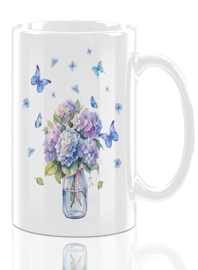 CFGBFDGH Hydrangea Flower Coffee Mug, Christmas Birthday gifts Floral Tea Mug for Home Office, Novelty Coffee Mugs Butterfly Appreciation Gifts for Women Men Friends, Microwave Safe, 11oz White Ceramic Cup - Image 1
