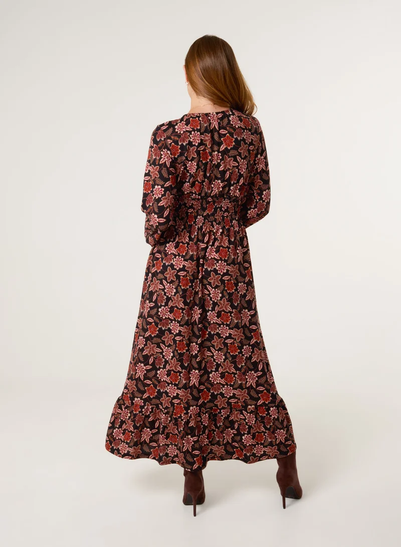 Blue Vanilla V Neck Shirred Long Sleeve Dress