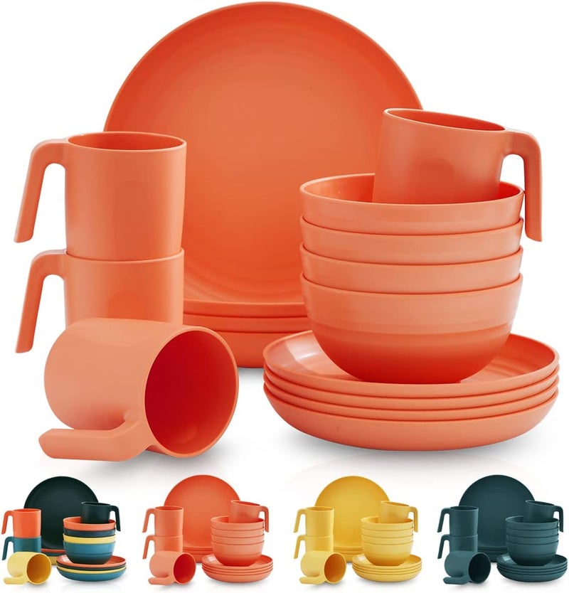 Kyraton Plastic Dinnerware Set of 16 Pieces, Unbreakable And Reusable Light Weight Plates Mugs Bowls Dishes Easy to Carry And Clean Microwave Safe BPA Free Dishwasher Safe Service For 4 (Orange) - Image 1