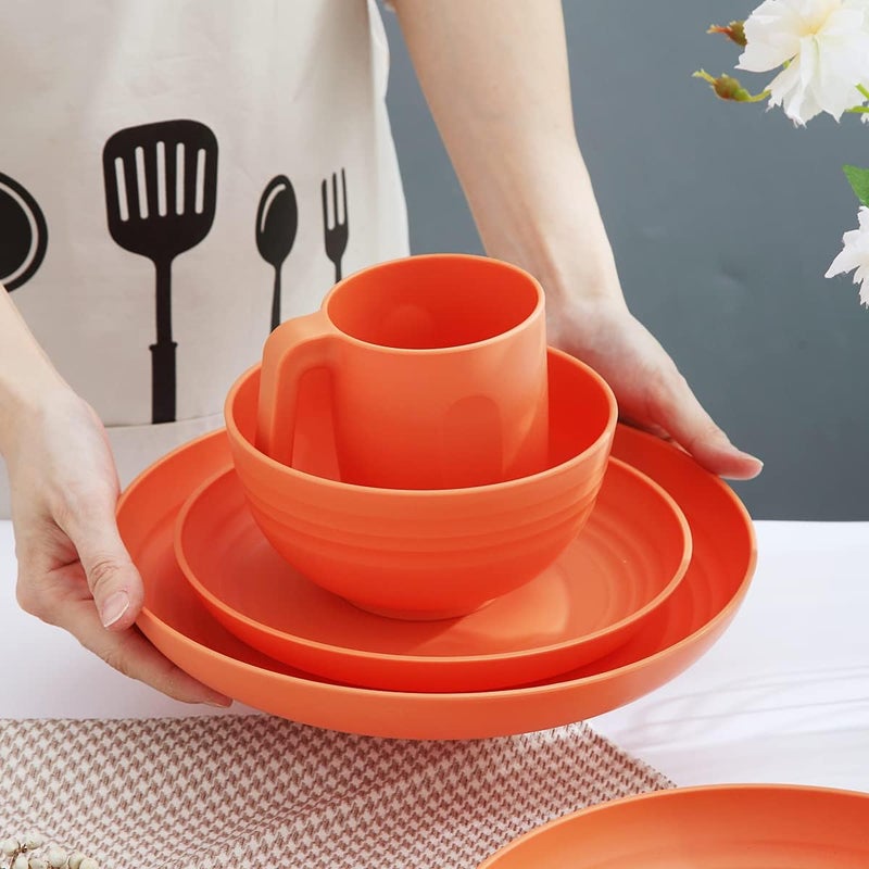 Kyraton Plastic Dinnerware Set of 16 Pieces, Unbreakable And Reusable Light Weight Plates Mugs Bowls Dishes Easy to Carry And Clean Microwave Safe BPA Free Dishwasher Safe Service For 4 (Orange) - Image 3