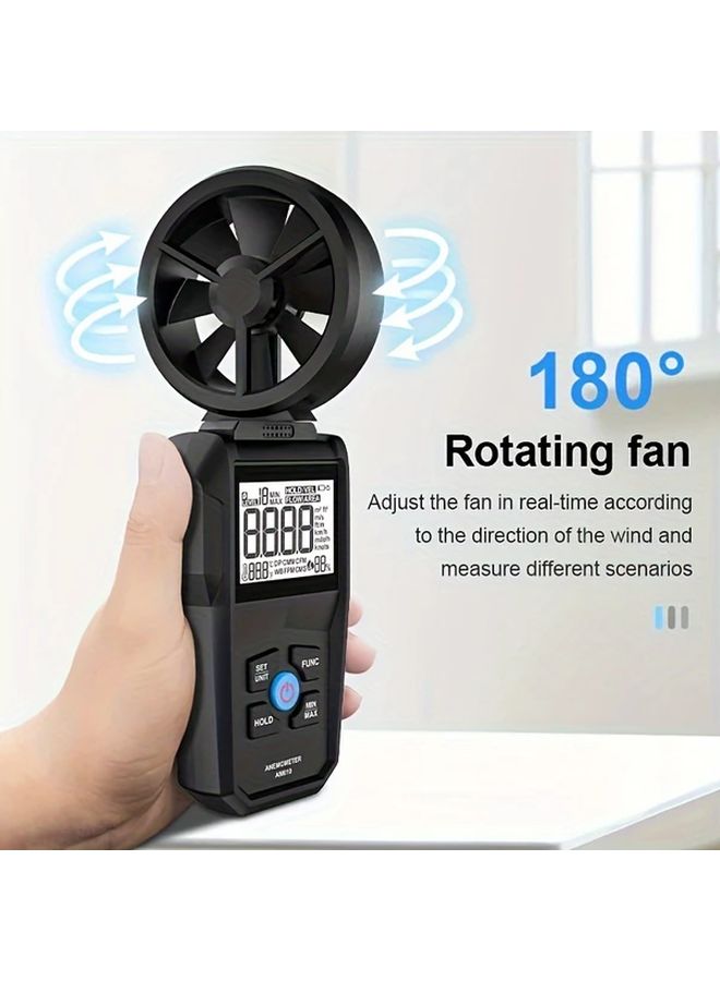 مقياس سرعة الرياح الرقمي المحمول AM610 مع شاشة LCD مضيئة لقياس سرعة الرياح ودرجة الحرارة والإحساس الحراري، عالي الدقة، مصنوع من مادة غير قابلة للانزلاق، يعمل بالبطارية، باللون الأسود. - Image 5