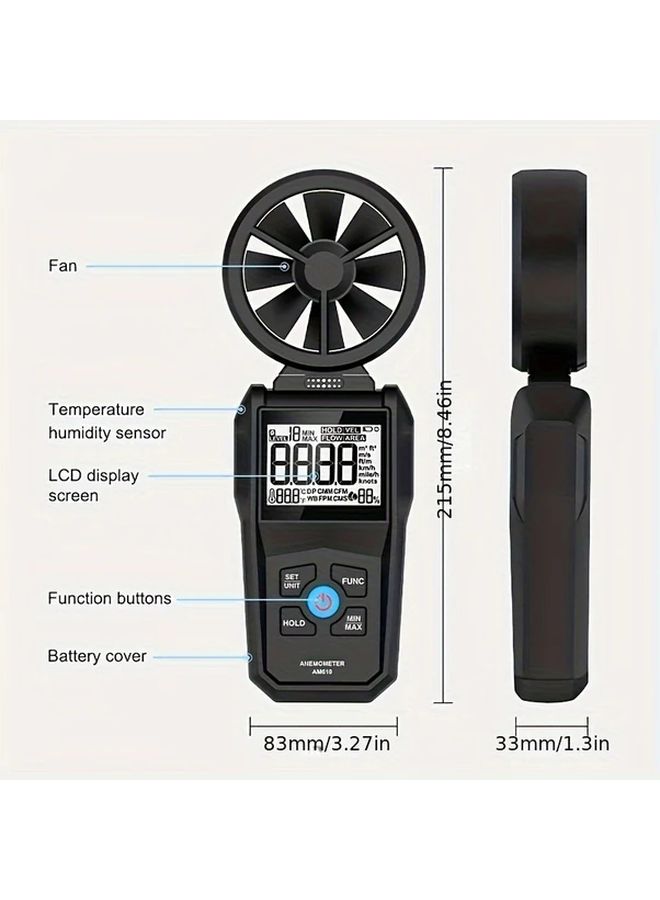 مقياس سرعة الرياح الرقمي المحمول AM610 مع شاشة LCD مضيئة لقياس سرعة الرياح ودرجة الحرارة والإحساس الحراري، عالي الدقة، مصنوع من مادة غير قابلة للانزلاق، يعمل بالبطارية، باللون الأسود. - Image 3