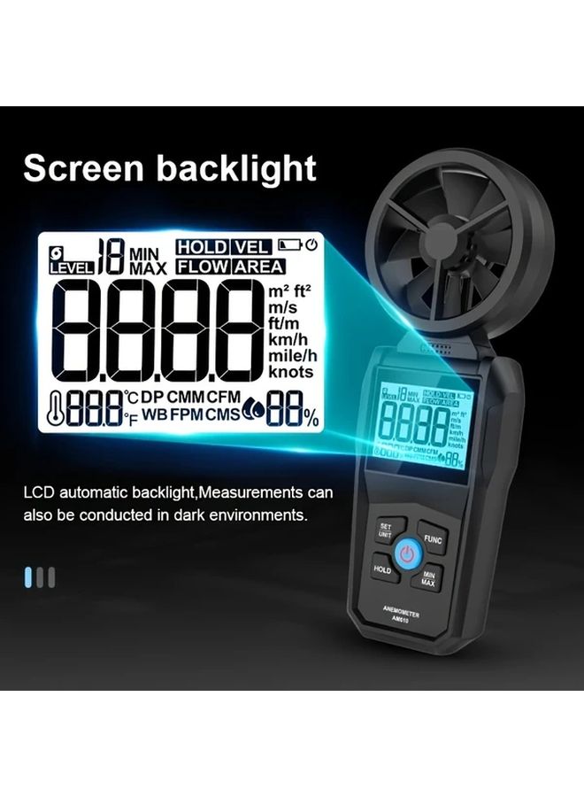 مقياس سرعة الرياح الرقمي المحمول AM610 مع شاشة LCD مضيئة لقياس سرعة الرياح ودرجة الحرارة والإحساس الحراري، عالي الدقة، مصنوع من مادة غير قابلة للانزلاق، يعمل بالبطارية، باللون الأسود. - Image 4