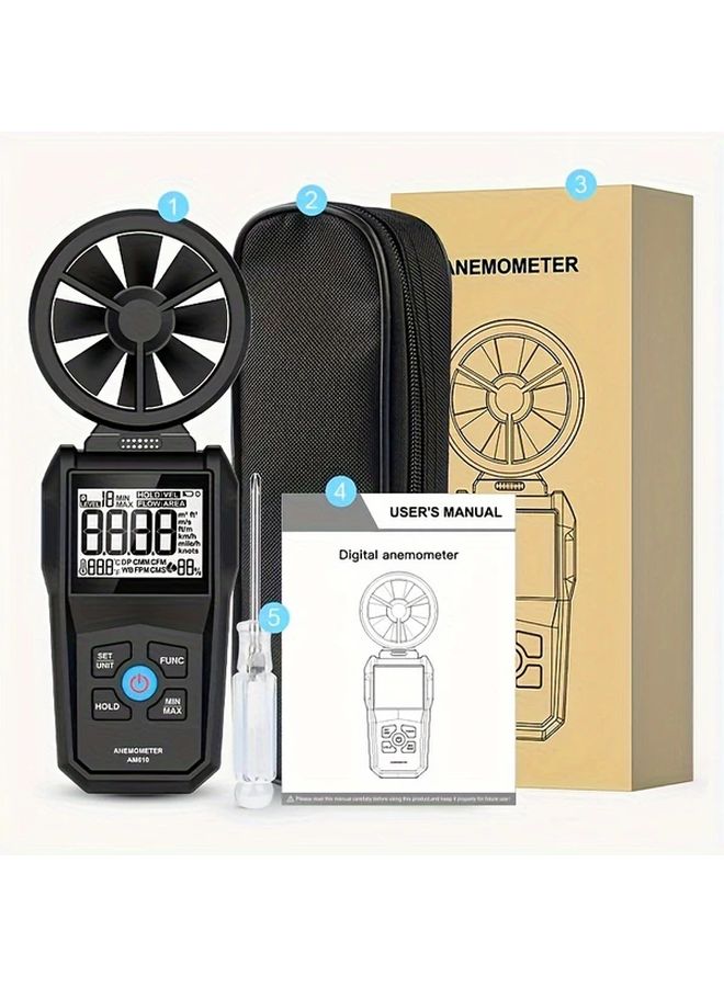 مقياس سرعة الرياح الرقمي المحمول AM610 مع شاشة LCD مضيئة لقياس سرعة الرياح ودرجة الحرارة والإحساس الحراري، عالي الدقة، مصنوع من مادة غير قابلة للانزلاق، يعمل بالبطارية، باللون الأسود. - Image 1