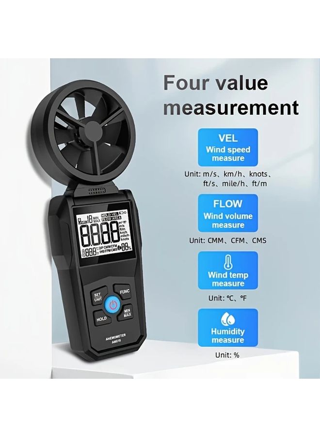 مقياس سرعة الرياح الرقمي المحمول AM610 مع شاشة LCD مضيئة لقياس سرعة الرياح ودرجة الحرارة والإحساس الحراري، عالي الدقة، مصنوع من مادة غير قابلة للانزلاق، يعمل بالبطارية، باللون الأسود. - Image 2