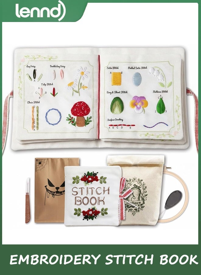 LENND Beginner Embroidery Stitch Book with Fabric Pages, 32 Essential Stitches in Structured Learning Order for Adults, DIY Sewing Kit with Floral Motifs, Practice Patterns - Image 1