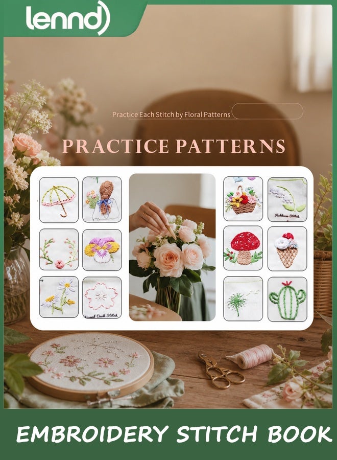 LENND Beginner Embroidery Stitch Book with Fabric Pages, 32 Essential Stitches in Structured Learning Order for Adults, DIY Sewing Kit with Floral Motifs, Practice Patterns - Image 4