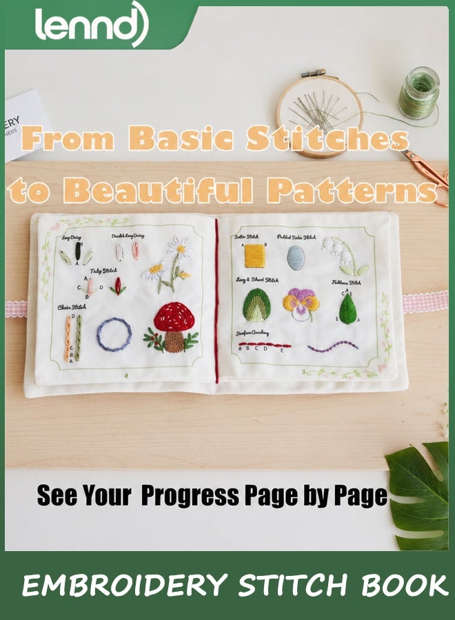 LENND Beginner Embroidery Stitch Book with Fabric Pages, 32 Essential Stitches in Structured Learning Order for Adults, DIY Sewing Kit with Floral Motifs, Practice Patterns - Image 3