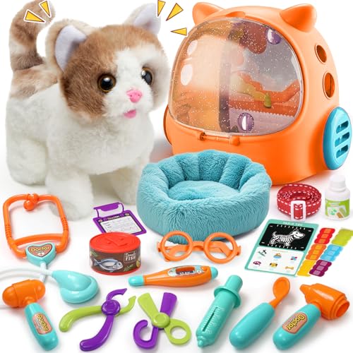 TUZT 17PCS Interactive Cat Toys for Kids Toys for 3 4 5 6 7 8 Year Old Girls Kids Boys Walking  Meowing Cat Toy with Sound Veterinarian Playset for Toddlers Idea Birthday Gifts for Little Girls - Image 1