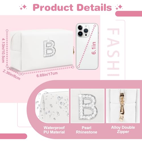 ChaoGreat Bride Gifts – Personalized Initial Makeup Bag with Pearl Rhinestone Patch, Preppy White Monogram Cosmetic/Toiletry Pouch, bridesmaid Gifts, Bridal Shower Gifts, Wedding Gifts, Bridal Gifts,B - Image 2