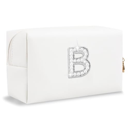 ChaoGreat Bride Gifts – Personalized Initial Makeup Bag with Pearl Rhinestone Patch, Preppy White Monogram Cosmetic/Toiletry Pouch, bridesmaid Gifts, Bridal Shower Gifts, Wedding Gifts, Bridal Gifts,B - Image 1