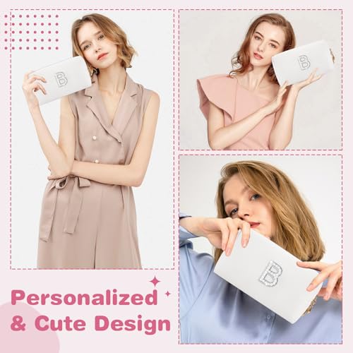 ChaoGreat Bride Gifts – Personalized Initial Makeup Bag with Pearl Rhinestone Patch, Preppy White Monogram Cosmetic/Toiletry Pouch, bridesmaid Gifts, Bridal Shower Gifts, Wedding Gifts, Bridal Gifts,B - Image 3