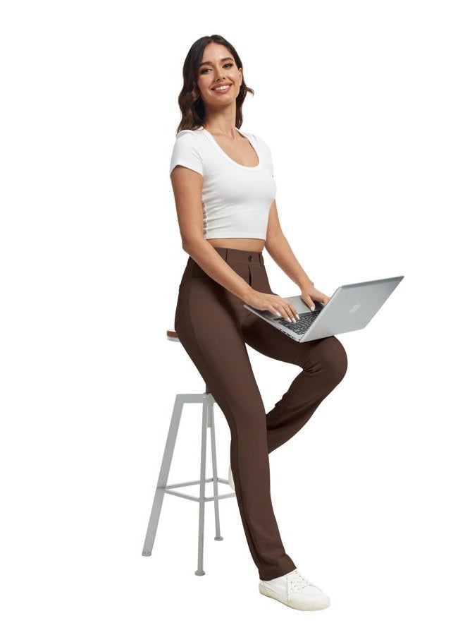 VIMPEP Women's 2024 Fall Stretchy Yoga Dress Pants Straight Leg with Pockets Casual Petite/Regular 1202, Dark Brown, M - Image 3