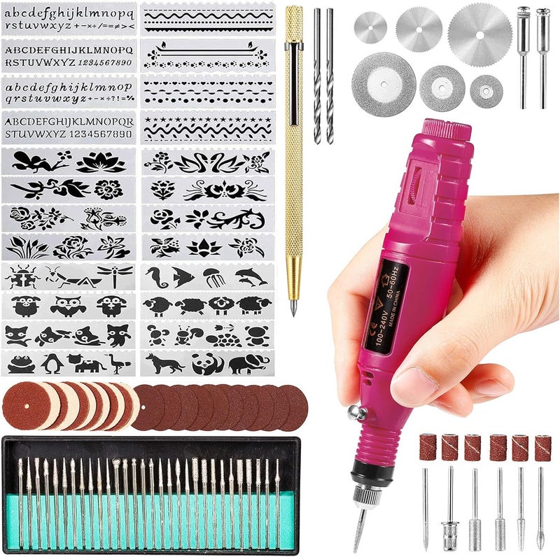 Uolor 108 Pcs Engraving Tool Kit, Multi-Functional Electric Corded Micro Engraver Etching Pen DIY Rotary Tool for Jewelry Glass Wood Metal Plastic with Scriber, 82 Accessories and 24 Stencils - Red - Image 1