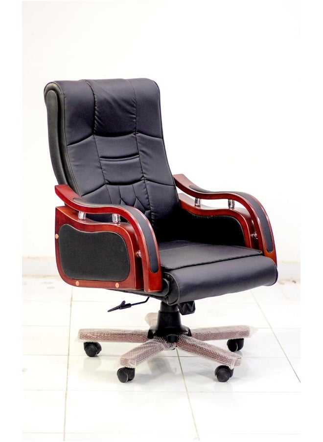 MAF furniture Best Boss Office Chair Computer Desk Chair Pu Material Steel Structure Smooth Leather And Wooden Hands Lumber Support With Adjustable Height Black  - Image 3