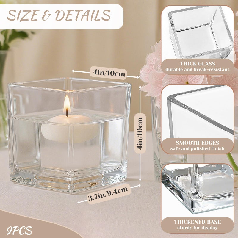 CONNOO 9 Pack Square Glass Vase 4" x 4" x 4", Clear Bulk Flower Vases for Centerpieces, Square Glass Cube Vase Floating Candle Holders for Wedding Party Home Decor - Image 3