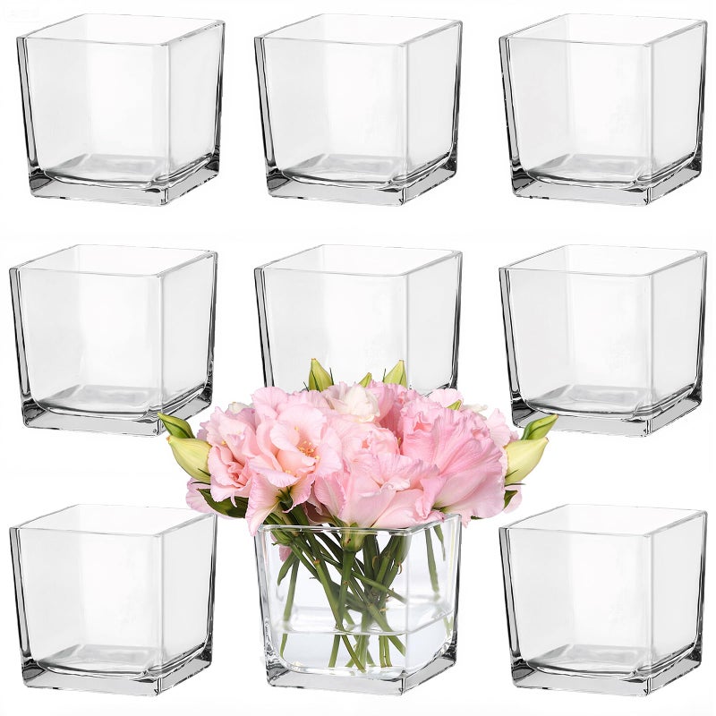 CONNOO 9 Pack Square Glass Vase 4" x 4" x 4", Clear Bulk Flower Vases for Centerpieces, Square Glass Cube Vase Floating Candle Holders for Wedding Party Home Decor - Image 1