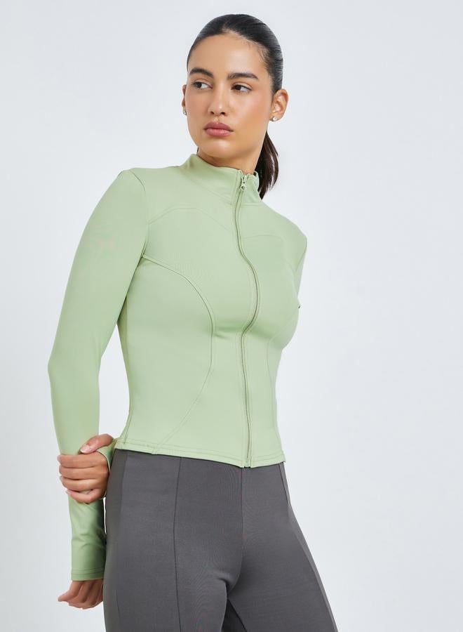 Styli Active Green Curved Seam Detail Zip Up Jacket - Image 1