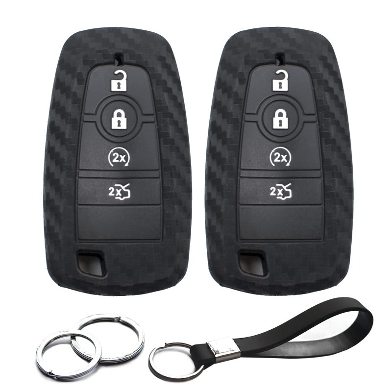 INFIPAR 2pcs Compatible with Ford Mustang Edge Expedition Explorer F150 Lightning Ranger Bronco Escape Maverick Transit Connect Fusion Carbon Fiber Looks Key Fob Cover Case Key Chain Protector Holder