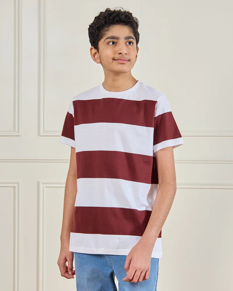 Redtag Senior Boys Red Striped T-Shirt