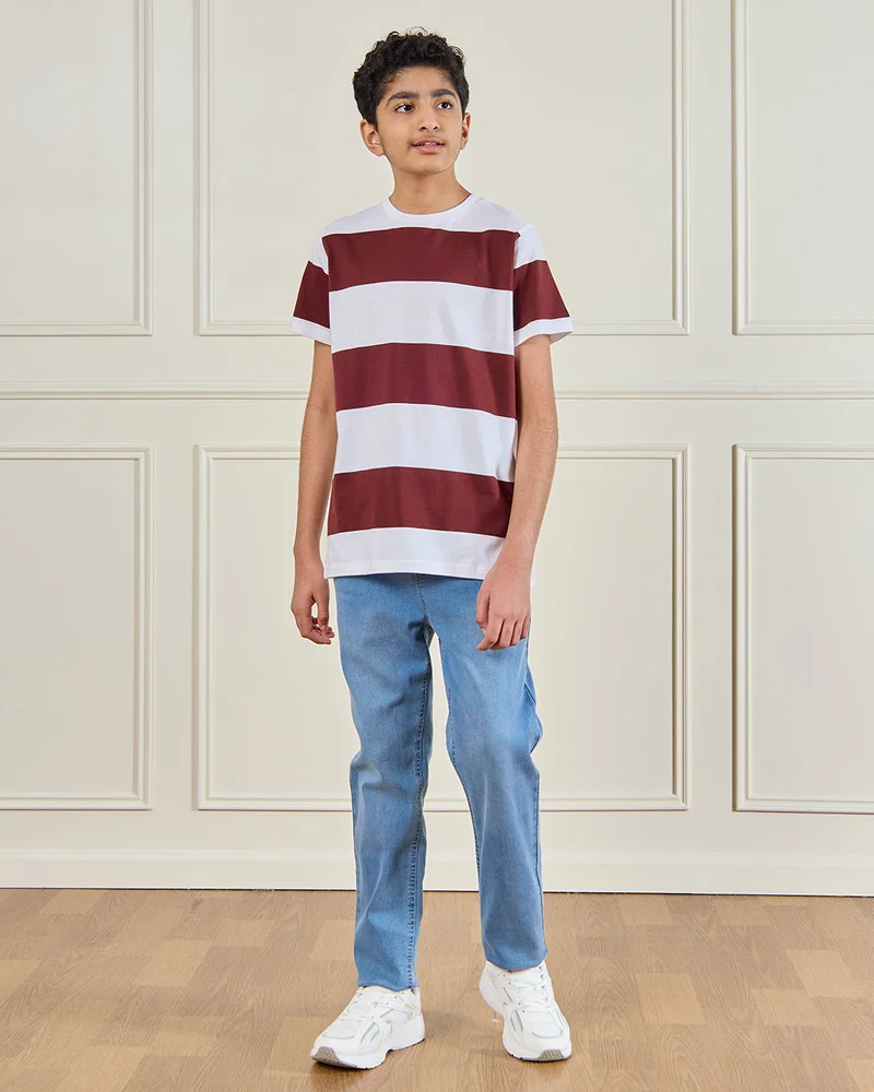 Redtag Senior Boys Red Striped T-Shirt