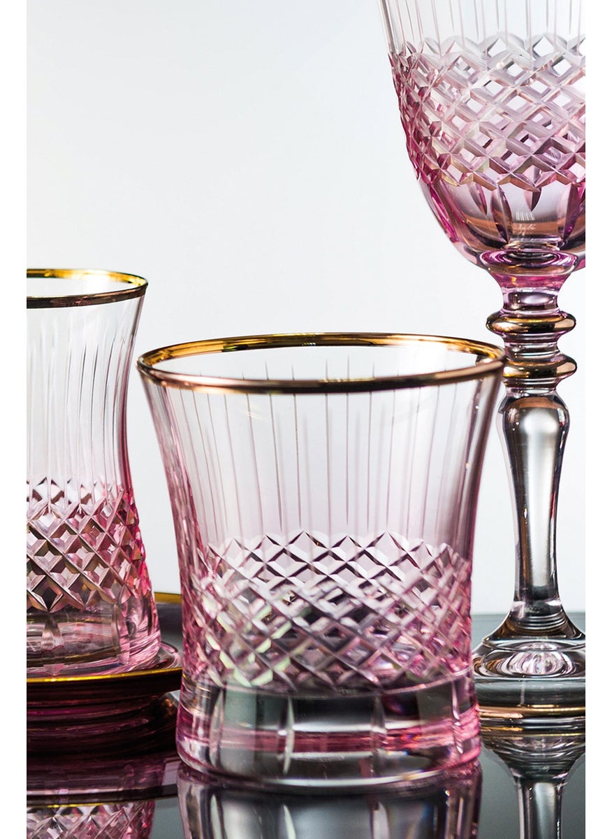 Royal Home - Roya Home Antique Pink Cut Hand Decorative Gilded 6 Piece Patterned Water Glass Set - Image 1