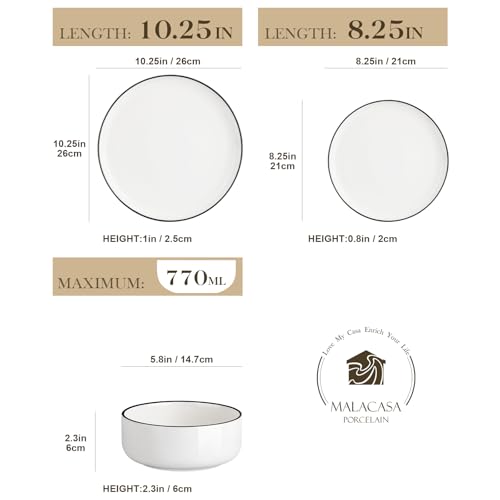 MALACASA Plates and Bowls Sets, 18 Pieces Modern Porcelain Dinnerware Set for 6 White Kitchen Dinner Ware Set wtih Black Rim Ceramic Dishware Dishes Microwave and Dishwasher Safe, Series LUNA - Image 2