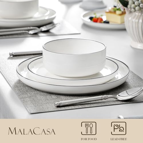 MALACASA Plates and Bowls Sets, 18 Pieces Modern Porcelain Dinnerware Set for 6 White Kitchen Dinner Ware Set wtih Black Rim Ceramic Dishware Dishes Microwave and Dishwasher Safe, Series LUNA - Image 3