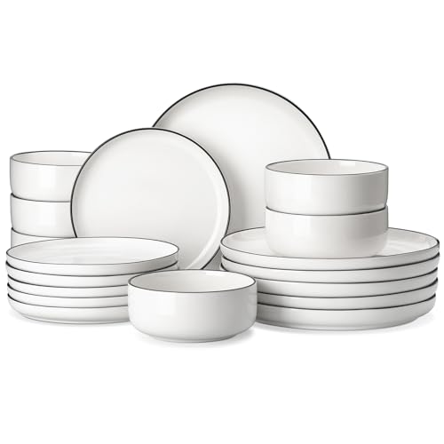 MALACASA Plates and Bowls Sets, 18 Pieces Modern Porcelain Dinnerware Set for 6 White Kitchen Dinner Ware Set wtih Black Rim Ceramic Dishware Dishes Microwave and Dishwasher Safe, Series LUNA - Image 1