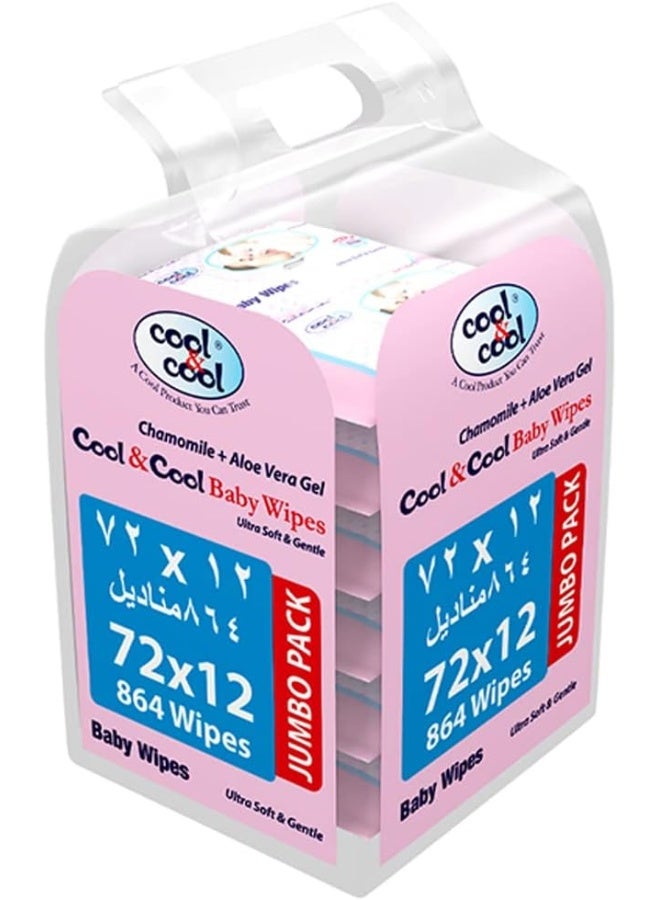 Cool & Cool Pack Of 12 Baby Wipes 72’s 6+6 Free Alcohol Free And Paraben Free, Vitamin E, Aloe Vera, Ultra Soft And Gentle for Sensitive & Delicate Skin 864 Wipes - Image 1