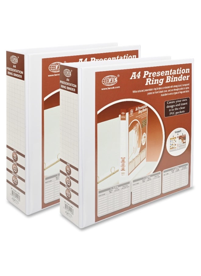 FIS Presentation Binder, A4 Size(210x297mm), 4[D]Ring Type, 45mm Ring Size, 2.50" Inches Spine with Clear PVC Pocket For Easy Insert Your Label Design, Packet of 2 Pieces, White Color-FSBD445DPB/2  - Image 5