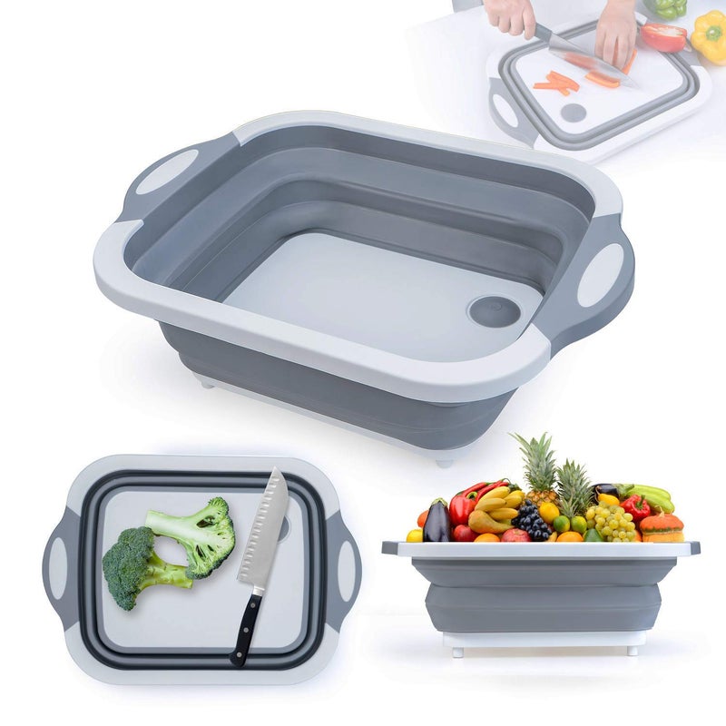 Sajag Multifunctional Collapsible Cutting Board 3 in 1 Chopping Board with Drain Plug Wash Basin Tub Colander for Vegetable Fruit Wash Space Saving for Camping Picnic BBQ Grey - Image 3