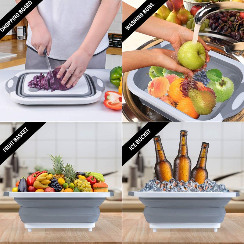 Sajag Multifunctional Collapsible Cutting Board 3 in 1 Chopping Board with Drain Plug Wash Basin Tub Colander for Vegetable Fruit Wash Space Saving for Camping Picnic BBQ Grey - Image 2