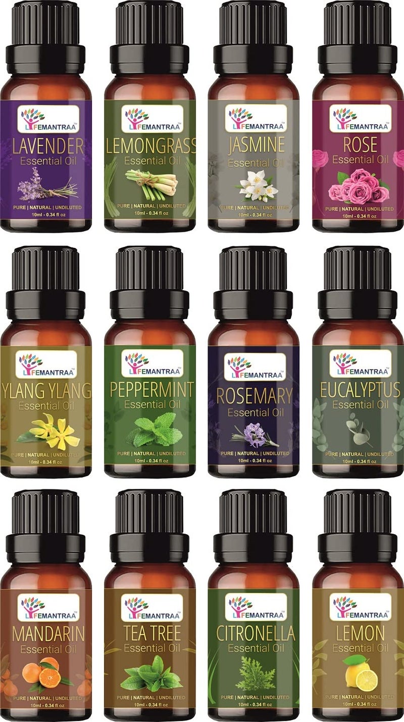 Lifemantraa Lifemantraa Pure Lavender Lemongrass Jasmine Rose Ylang Ylang Peppermint Rosemary Eucalyptus Mandarin Tea tree Citronella and Lemon Essential Oil for Home Fragrance Diffuser Essential Oils Set for Room Air Freshener Aroma Oil Diffusers Soap Making Candle Making 10ml Each 120ml  - Image 1