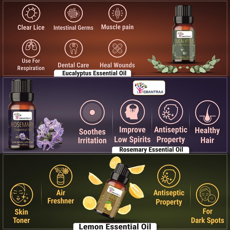 Lifemantraa Lifemantraa Pure Lavender Lemongrass Jasmine Rose Ylang Ylang Peppermint Rosemary Eucalyptus Mandarin Tea tree Citronella and Lemon Essential Oil for Home Fragrance Diffuser Essential Oils Set for Room Air Freshener Aroma Oil Diffusers Soap Making Candle Making 10ml Each 120ml  - Image 4