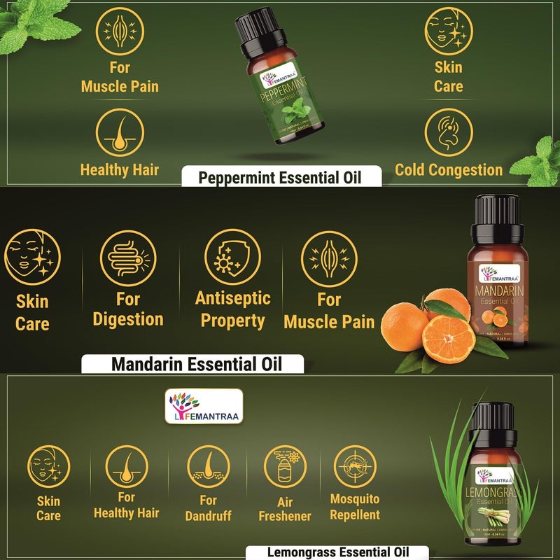 Lifemantraa Lifemantraa Pure Lavender Lemongrass Jasmine Rose Ylang Ylang Peppermint Rosemary Eucalyptus Mandarin Tea tree Citronella and Lemon Essential Oil for Home Fragrance Diffuser Essential Oils Set for Room Air Freshener Aroma Oil Diffusers Soap Making Candle Making 10ml Each 120ml  - Image 3