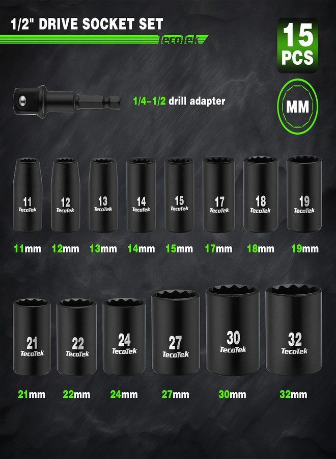 TecoTek 15 Pieces 1/2-Inch Drive Shallow 12-Point Metric Impact Socket Set, Cr-V, 11mm to 32mm, Drill Socket Adapter 1/2" - Image 2