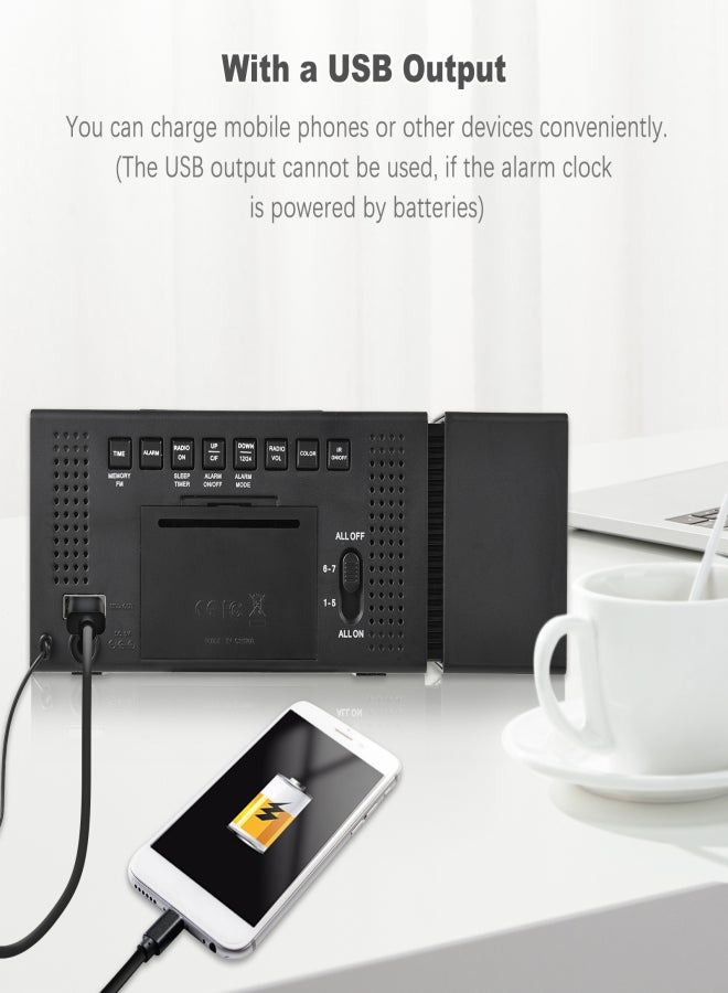 Multi-functional Digital Alarm Clock Desktop Electronic Clock LCD Screen 7 Backlight Colors Humidity/ Temperature Display with Snooze Night Light FM Radio USB Output IR Sensor Functions for Home