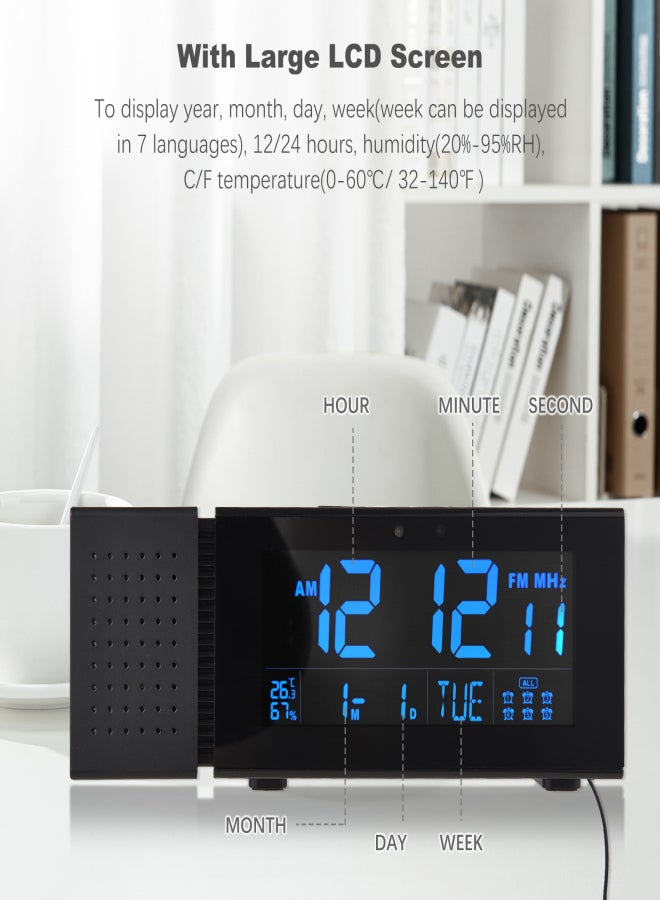 Multi-functional Digital Alarm Clock Desktop Electronic Clock LCD Screen 7 Backlight Colors Humidity/ Temperature Display with Snooze Night Light FM Radio USB Output IR Sensor Functions for Home