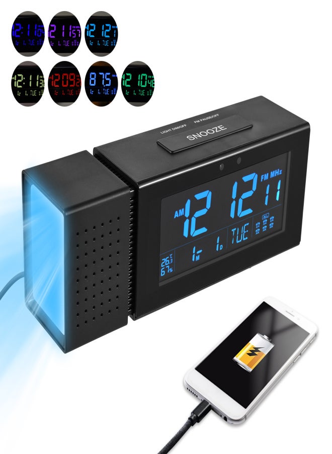 Multi-functional Digital Alarm Clock Desktop Electronic Clock LCD Screen 7 Backlight Colors Humidity/ Temperature Display with Snooze Night Light FM Radio USB Output IR Sensor Functions for Home
