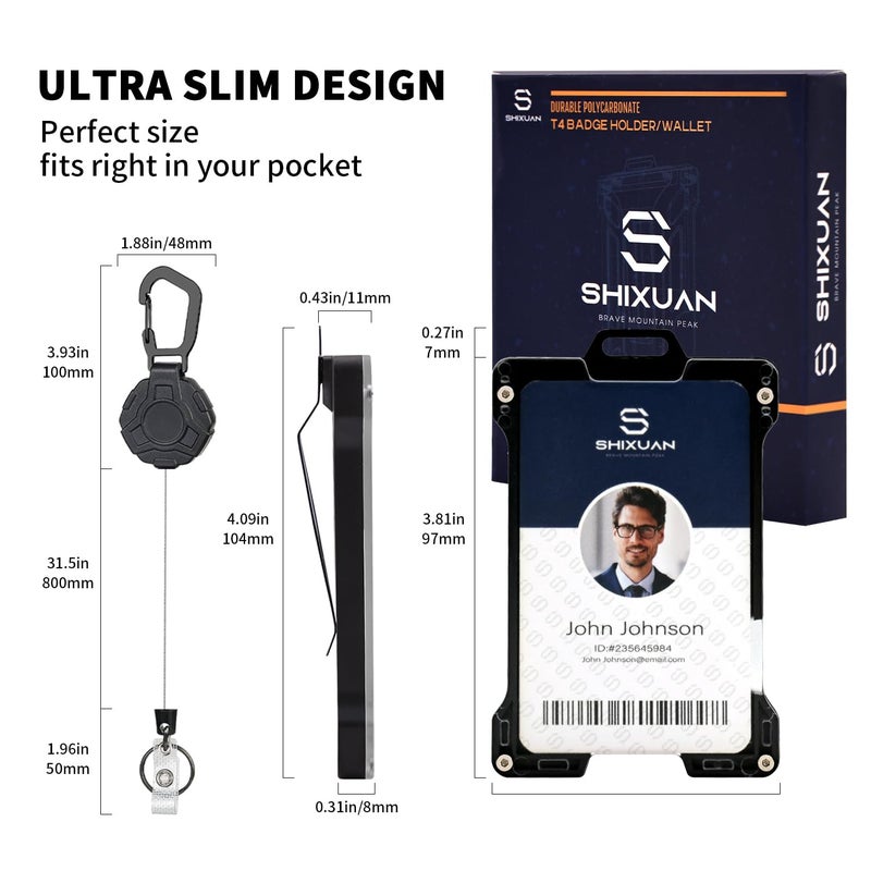 SHIXUAN ID Badge Holder with Retractable Clip, Credit Card Holder, Keychain Wallet, Name Badge Holders, Business Card Holder, and Money Clip for Men (Heavy Reel Retractable & Badge Holder) - Image 2