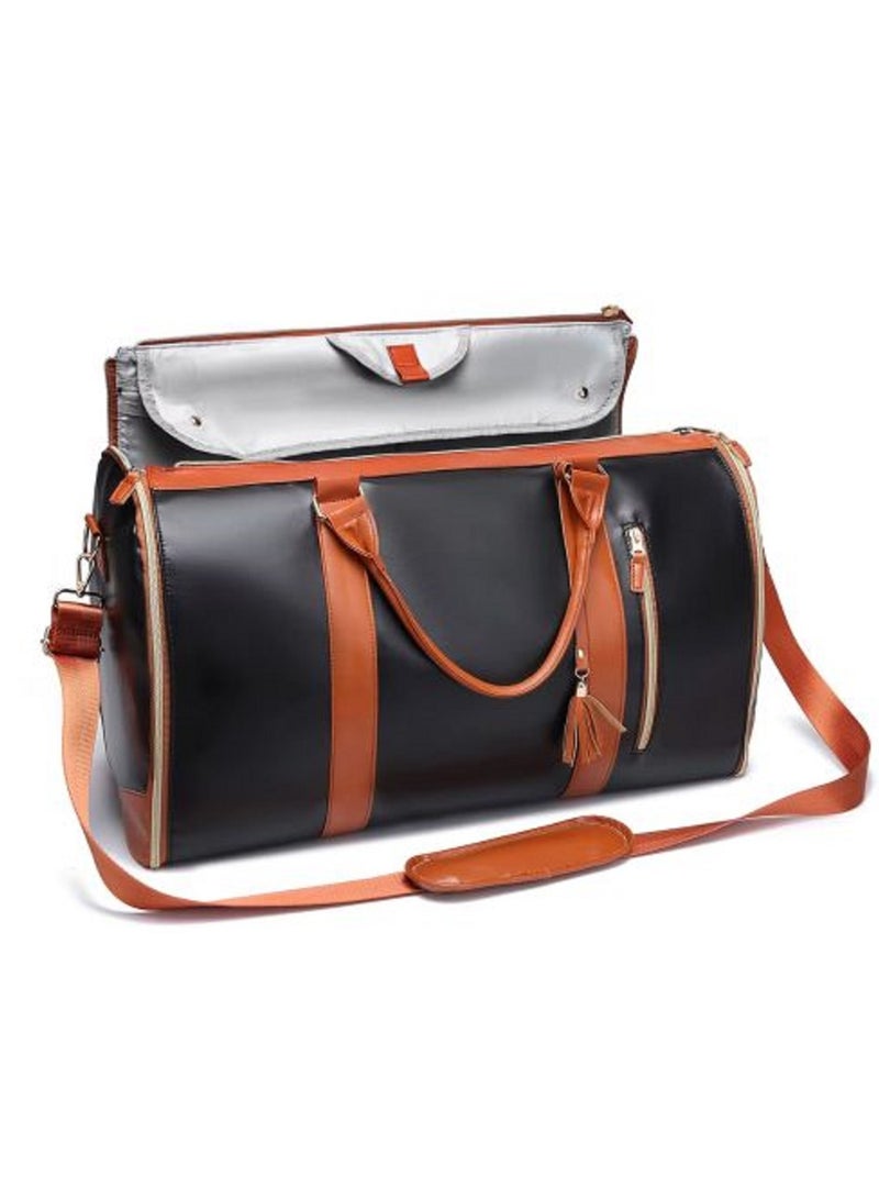 حقائب ملابس  للسفر، حقيبة ملابس قابلة للتحويل، حقائب دافل كبيرة للنساء، حقيبة سفر معلقة 2 في 1 مع جيب للأحذية (أسود، جلد، 25.4 سم) - Image 4