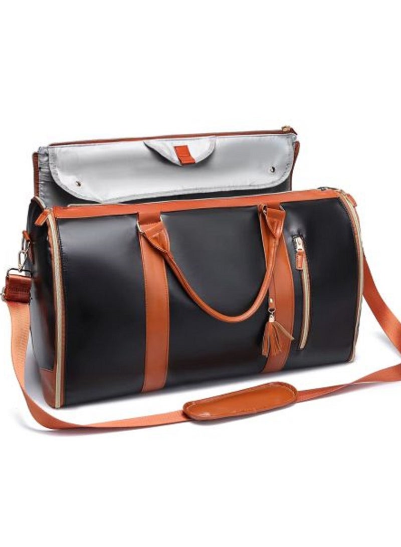 حقائب ملابس  للسفر، حقيبة ملابس قابلة للتحويل، حقائب دافل كبيرة للنساء، حقيبة سفر معلقة 2 في 1 مع جيب للأحذية (أسود، جلد، 25.4 سم) - Image 2