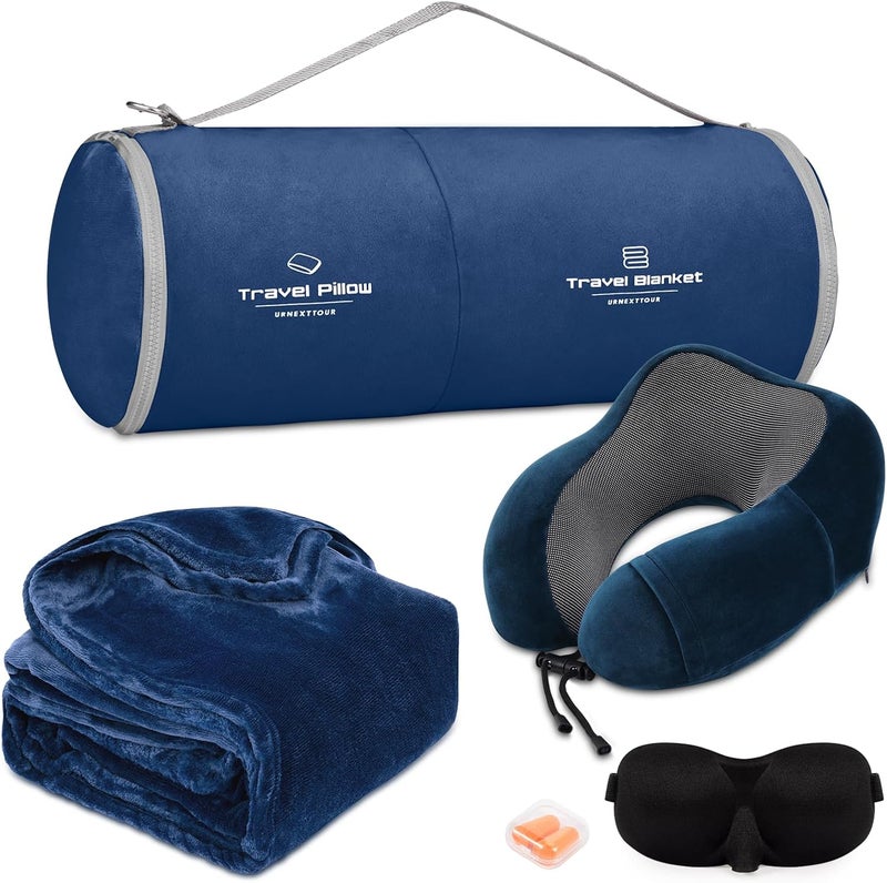 urnexttour Travel Pillow and Blanket Set Neck Pillows Travel Essentials with Sleep Mask for Airplane Car Memory Foam Blue - Image 1