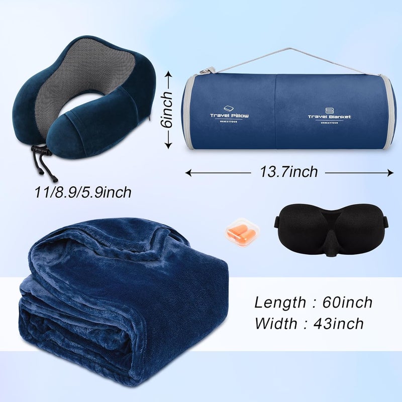 urnexttour Travel Pillow and Blanket Set Neck Pillows Travel Essentials with Sleep Mask for Airplane Car Memory Foam Blue - Image 2