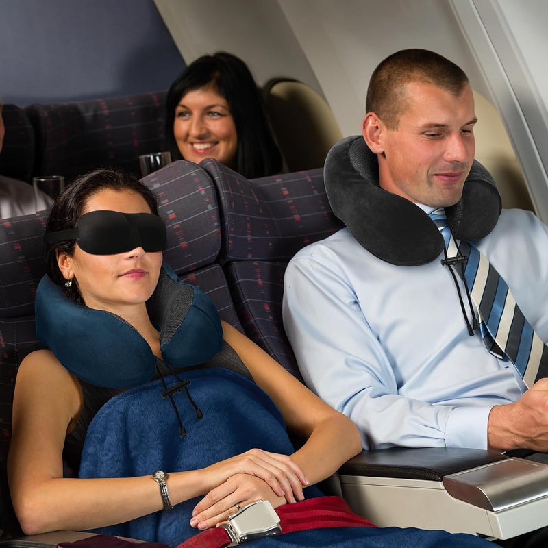 urnexttour Travel Pillow and Blanket Set Neck Pillows Travel Essentials with Sleep Mask for Airplane Car Memory Foam Blue - Image 4
