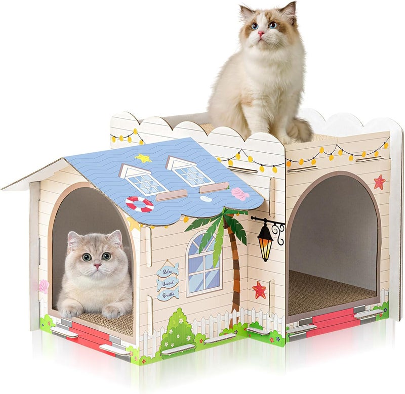 Lineshading Multi Level Cardboard Cat House with 3 Scratchers Large Sturdy Cat Villa for Indoor Cats 17"x12"x10" Beach Cat Play Condo Cat Beds Pet Toys Hideout for Cat Birthday Bunny Small Animals - Image 1