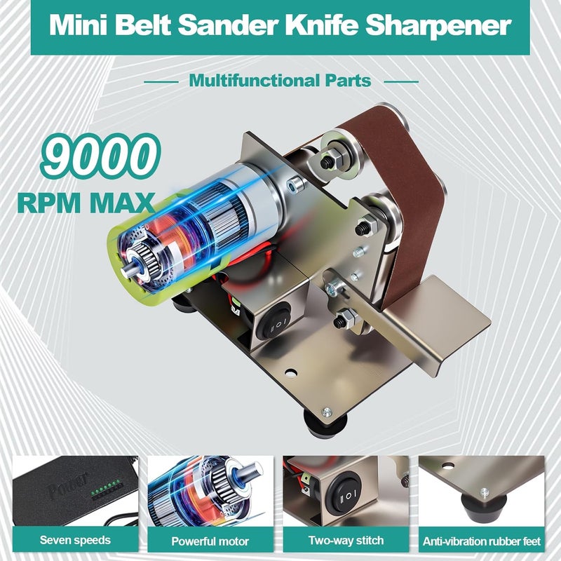 Podoy Mini Belt Sander Knife Sharpener Electric, Upgraded DIY 7 Adjustable Speed Control Small Grinder Sharpener Polisher Machine 110V with 10 Belts for Knife Making, Wood Metal Working and Handcraft - Image 5