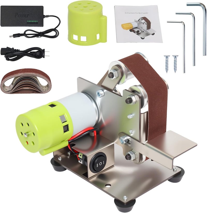 Podoy Mini Belt Sander Knife Sharpener Electric, Upgraded DIY 7 Adjustable Speed Control Small Grinder Sharpener Polisher Machine 110V with 10 Belts for Knife Making, Wood Metal Working and Handcraft - Image 1