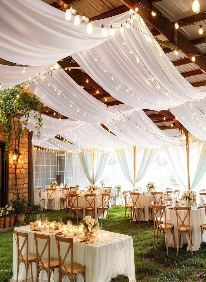 Shillance 6 Panels White Ceiling Drapes with Lights String for Wedding Ceiling Drapes 5ftx10ft Wedding Draping Fabric Sheer Curtains Tulle Ceiling Drapery Wedding Decorations for Home Party Ceremony Stage Swag - Image 2